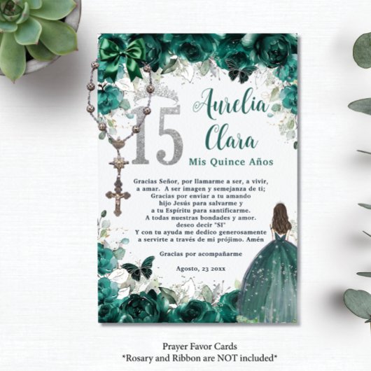 Emerald Floral Silver Quinceañera 15 Prayer Card Begleitkarte
