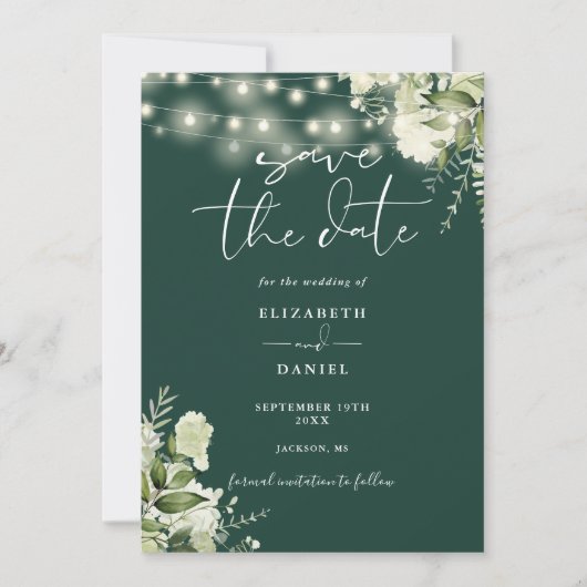 Emerald Floral String Lights QR Code Wedding Save The Date (Vorderseite)