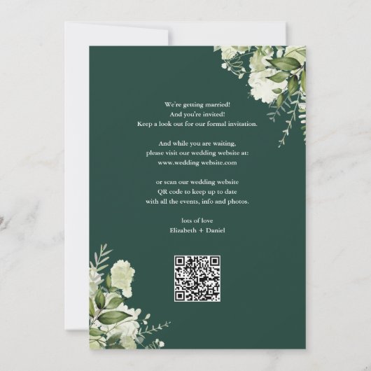 Emerald Floral String Lights QR Code Wedding Save The Date (Rückseite)