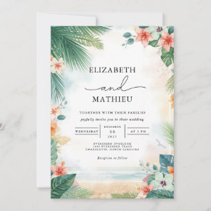 Emerald Frond Coral Bloom Wedding Einladung