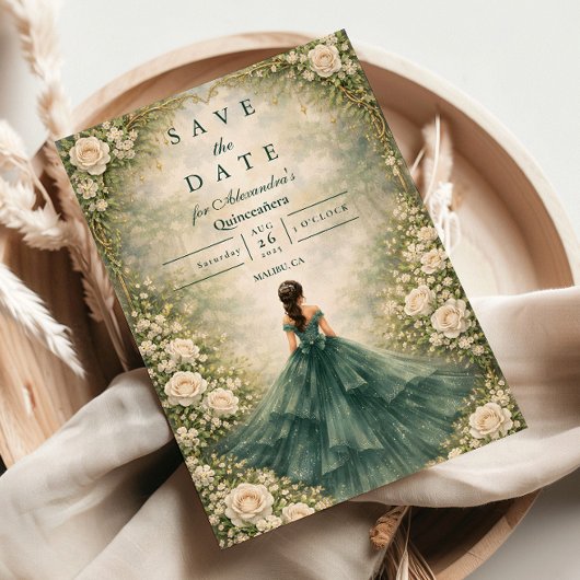 Emerald Garden Rose Quinceañera Save The Date