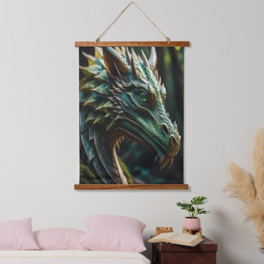 Emerald Gaze Green Dragon Fantasy Wandteppich Mit Holzrahmen (Schlafzimmer)