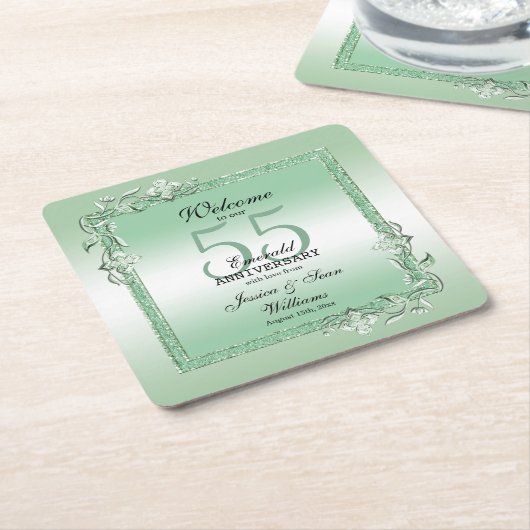 Emerald Gem & Glitzer 55. Hochzeit Rechteckiger Pappuntersetzer (angewinkelt)