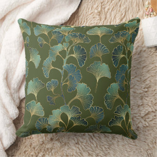 Emerald Ginkgo Eleganz – Luxuriöses Goldenes Botan Kissen