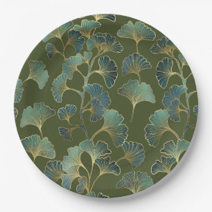 Emerald Ginkgo Eleganz – Luxuriöses Goldenes Botan Pappteller