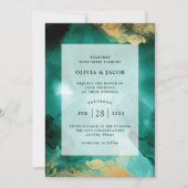 Emerald Glamour | Wasserfarbe und Goldhochzeit Einladung (Vorderseite)