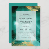 Emerald Glamour | Wasserfarbe und Goldhochzeit Einladung (Vorne/Hinten)