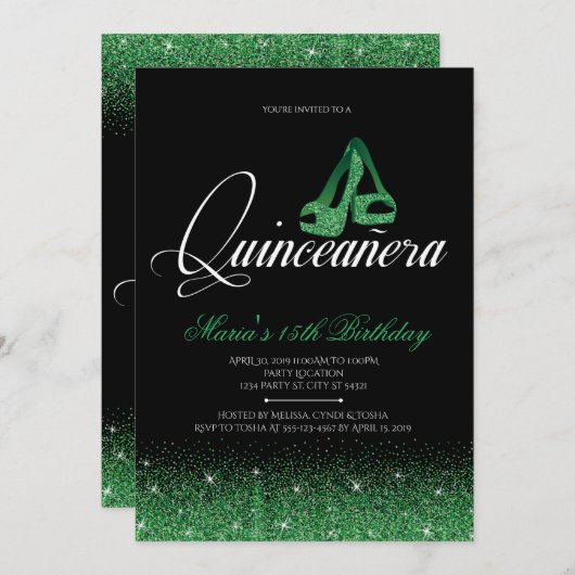 Emerald Glitzer, Einladungen von Quinceanera (Vorne/Hinten)