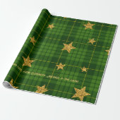 Emerald Glow Tartan Gold Star Personalisiert Xmas Geschenkpapier (Ungerollt)