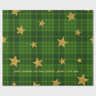 Emerald Glow Tartan Gold Star Personalisiertes Wei Geschenkpapier