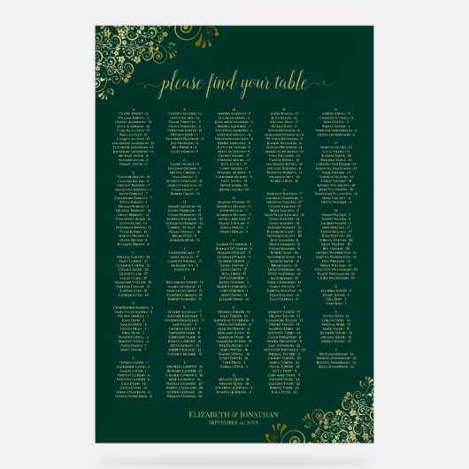 Emerald & Gold 300 Name Alphabetical Seating Chart Acrylschild (Vorderseite)
