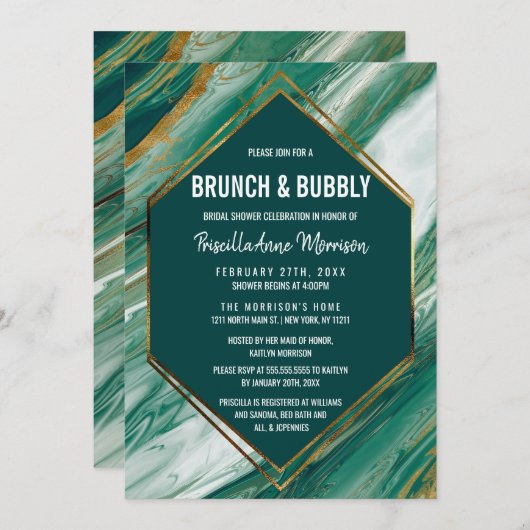 Emerald Gold Abstrakt Agate Marble Brunch Bubbly Einladung (Vorne/Hinten)