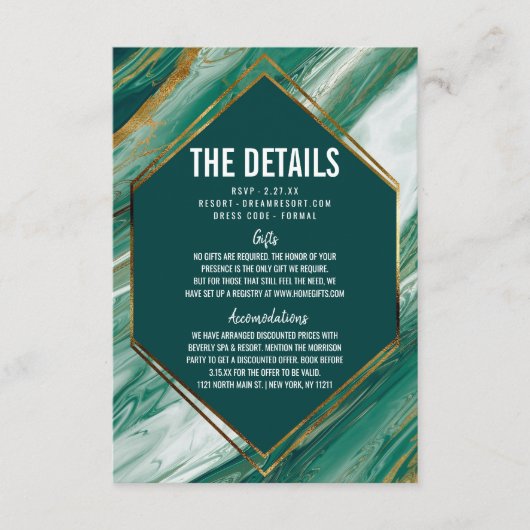 Emerald Gold Abstrakt Agate Marble Wedding Details Begleitkarte (Vorderseite)