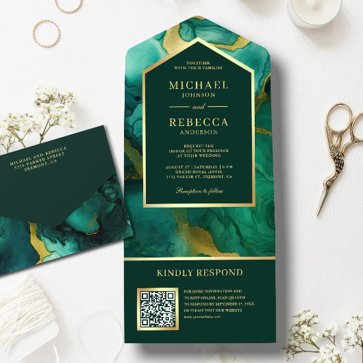 Emerald Gold Abstrakt Fluid Ink QR Code Wedding All In One Einladung