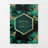 Emerald Gold Abstrakt Fluid Ink QR Code Wedding Dreifach Gefaltete Einladung (Cover)
