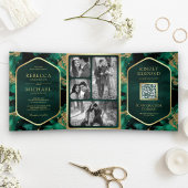 Emerald Gold Abstrakt Fluid Ink QR Code Wedding Dreifach Gefaltete Einladung