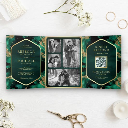 Emerald Gold Abstrakt Fluid Ink QR Code Wedding Dreifach Gefaltete Einladung