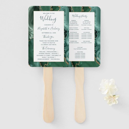 Emerald Gold Agate Green Script Wedding Program Fächer (Vorne und Hinten)