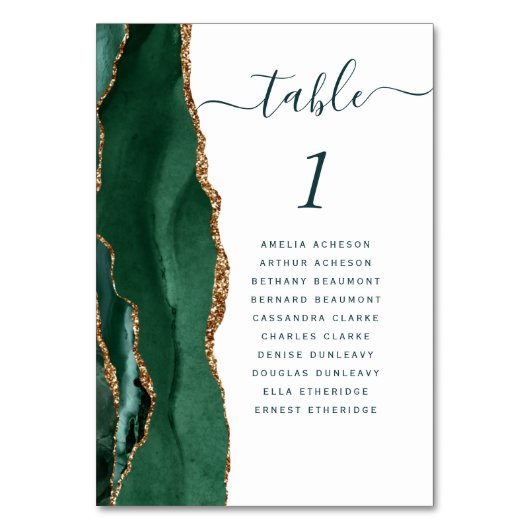 Emerald Gold Agate Green Script Wedding Tischnummer (Rückseite)