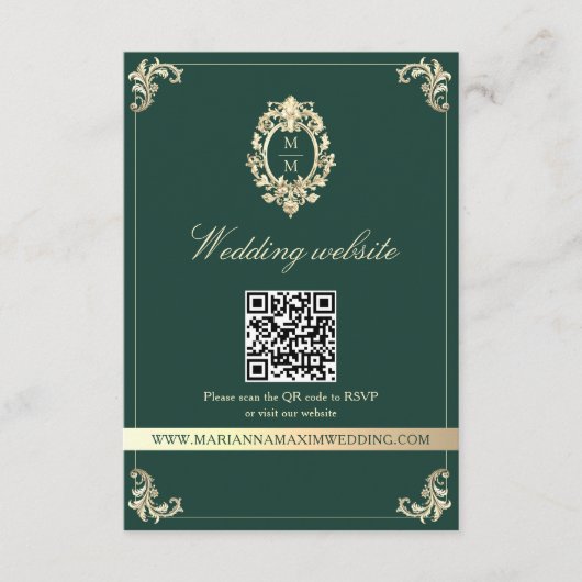 Emerald Gold Baroque Wedding Website QR Card Begleitkarte (Vorderseite)