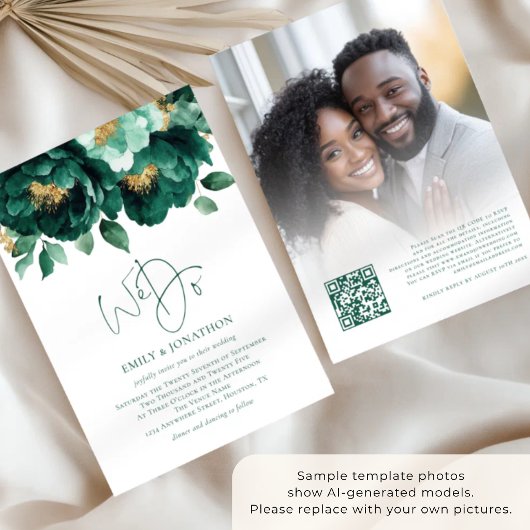 Emerald Gold Blume Foto QR Code Hochzeit Einladung