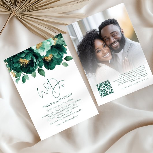 Emerald Gold Blume Foto QR Code Hochzeit Einladung