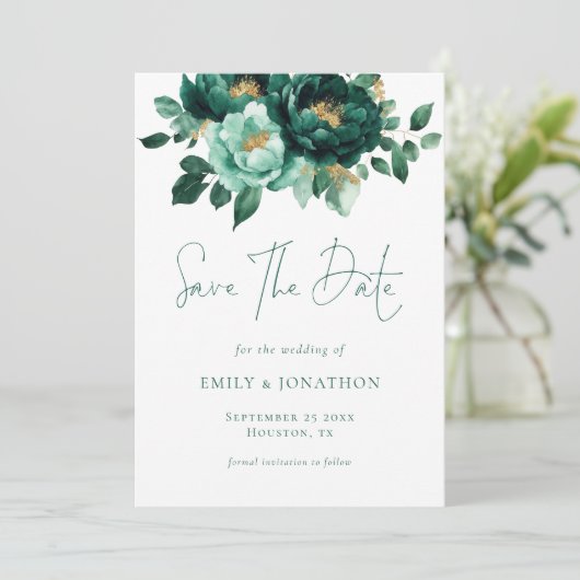 Emerald Gold Blume QR Code Hochzeit Save The Date (Stehend Vorderseite)