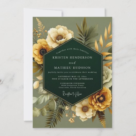 Emerald Gold Botanical Wedding Einladung (Vorderseite)