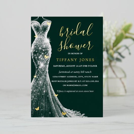 Emerald Gold Butterfly Dress Brautparty Folieneinladung (Stehend vorne)