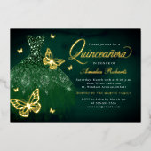Emerald Gold Butterfly Dress Quinceanera Folieneinladung (Vorderseite)
