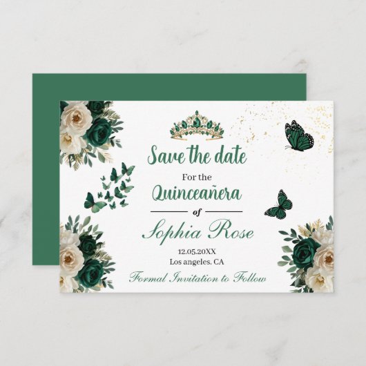 Emerald Gold Butterfly Tiara Quinceañera Save Date Save The Date (Vorne/Hinten)