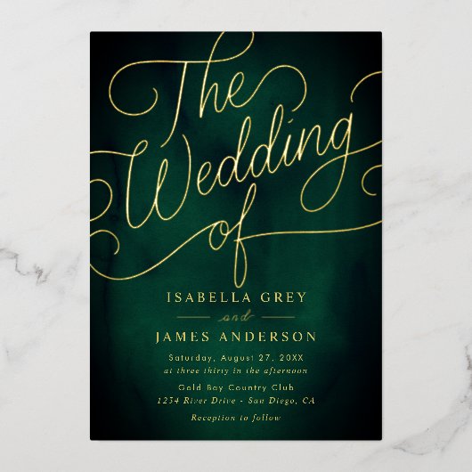 Emerald Gold Calligraphy Script Wedding Folieneinladung (Vorderseite)