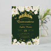 Emerald Gold Champagne Floral Quinceanera Folieneinladung (Stehend vorne)
