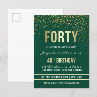 Emerald | Gold Confetti 40. Geburtstag Party Einladungspostkarte