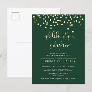 Emerald & Gold Confetti Überraschung Geburtstagspa Einladungspostkarte