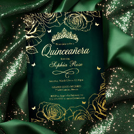 Emerald Gold Crown Rose Theme Quinceanera Folieneinladung
