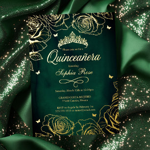 Emerald Gold Crown Rose Theme Quinceanera Folieneinladung