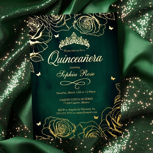 Emerald Gold Crown Rose Theme Quinceanera Folieneinladung