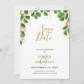 Emerald & Gold Eucalyptus Greenery Elegantes Foto Save The Date (Vorderseite)