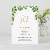 Emerald & Gold Eucalyptus Greenery Elegantes Foto Save The Date (Stehend Vorderseite)