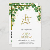 Emerald & Gold Eucalyptus Greenery Elegantes Foto Save The Date (Vorne/Hinten)