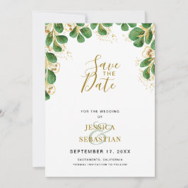 Emerald & Gold Eucalyptus Greenery Elegantes Foto Save The Date
