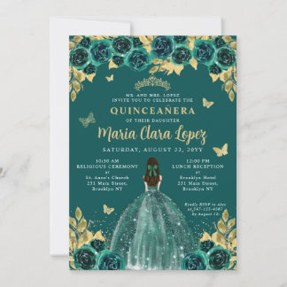 Emerald Gold Floral Butterfly Princess Quinceanera Einladung
