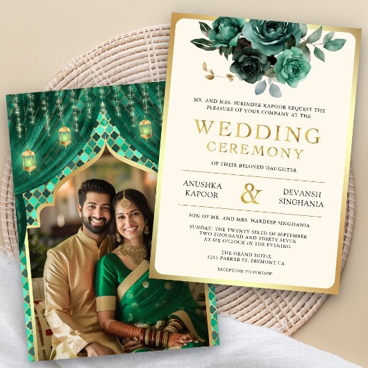 Emerald Gold Floral Indian Hindu Foto Wedding Einladung