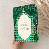 Emerald Gold Floral Vorhang Indische Hinduhochzeit Einladung