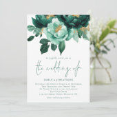 Emerald Gold Florals Foto QR Code Wedding Einladung (Stehend Vorderseite)