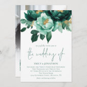 Emerald Gold Florals Foto QR Code Wedding Einladung (Vorne/Hinten)