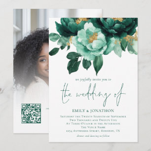 Emerald Gold Florals Foto QR Code Wedding Einladung