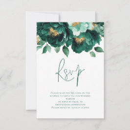 Emerald Gold Florals Script QR Code Wedding RSVP Karte