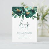 Emerald Gold Florals Script QR Code Wedding RSVP Karte (Stehend Vorderseite)